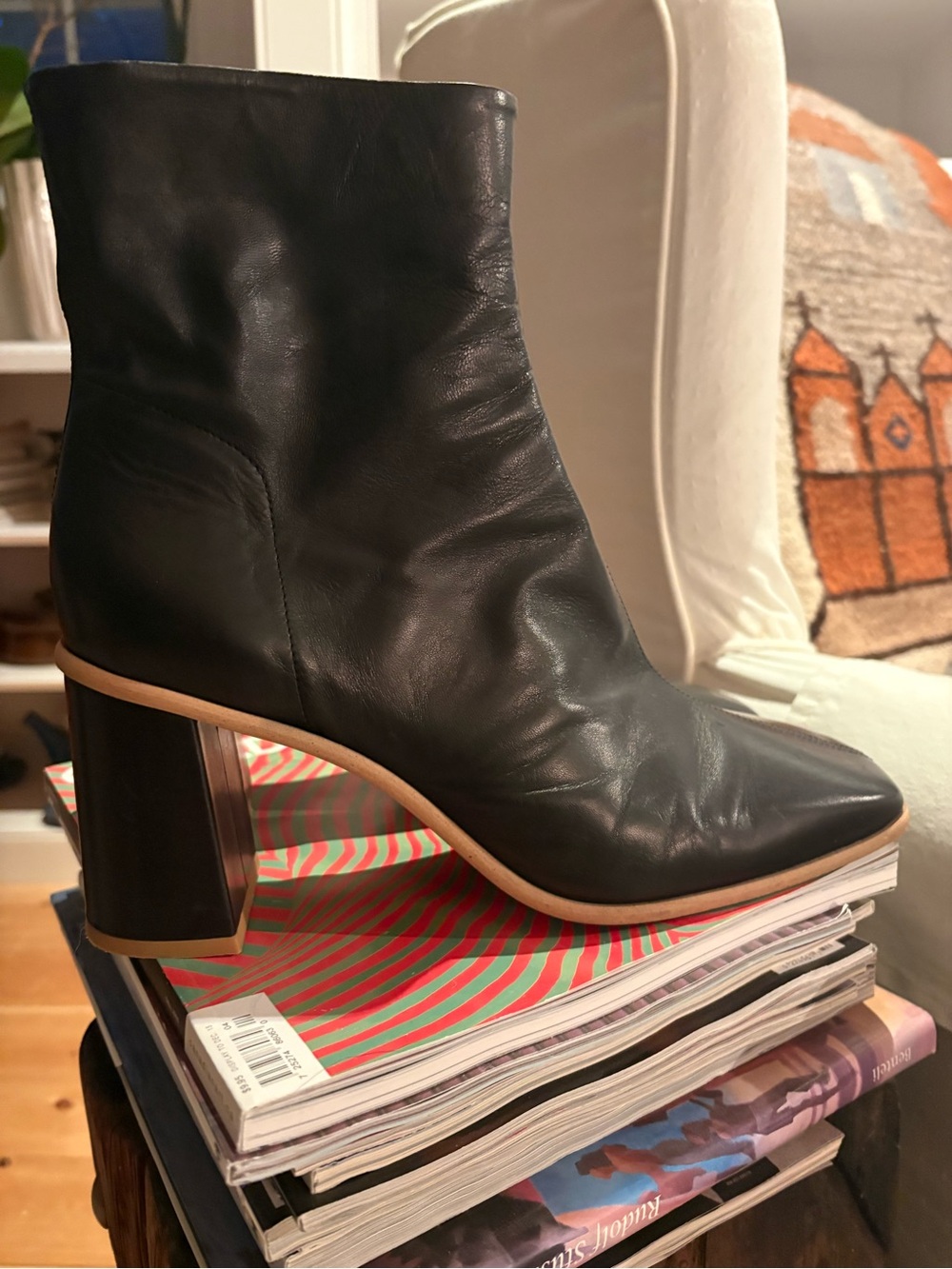 Black Leather Block Heel Ankle Boots - Women - Picture 3 of 6